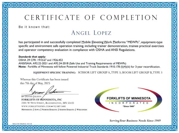 Angle Lopez Forklift Certification