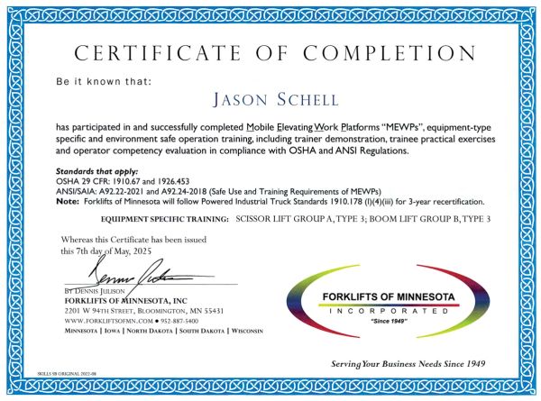 Jason Schell Forklift Certification